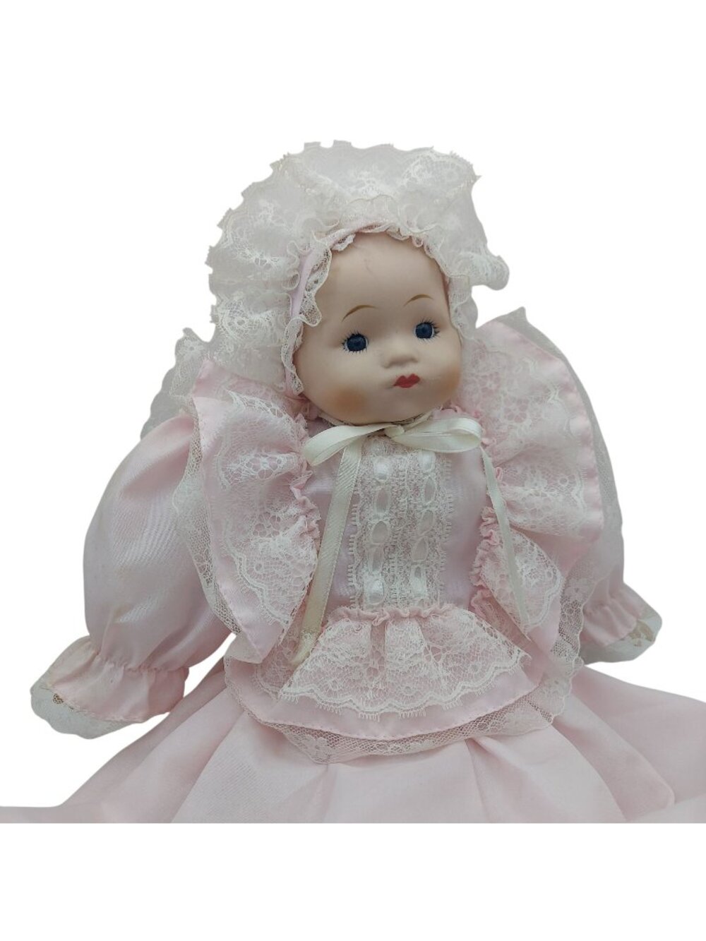 Porcelain Baby Doll Christening Gown Pink Lace Bonnet Blue Eyes Collectible Vtg